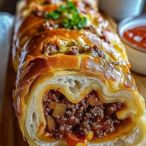 Cheesy Ground Beef Stuffed Bread Roll freshly baked and ready to serve