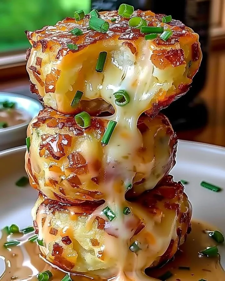Cheesy mashed potato puffs served on a plate, crispy and golden brown.