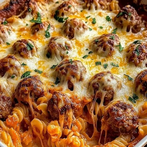 Cheesy Meatball Pasta Bake with melted cheese and meatballs in pasta