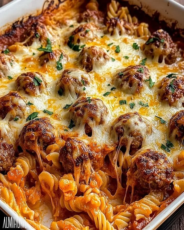 Cheesy Meatball Pasta Bake with melted cheese and meatballs in pasta