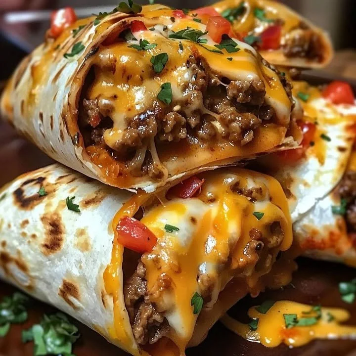 Cheesy Nacho Beef Burritos filled with seasoned beef and melted cheese.