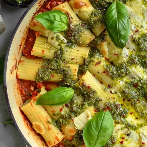 Delicious cheesy pesto manicotti served on a plate with fresh basil garnish.