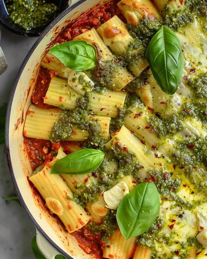Delicious cheesy pesto manicotti served on a plate with fresh basil garnish.