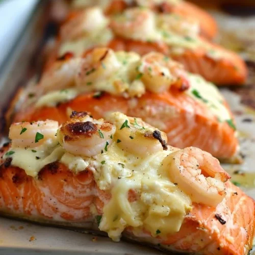 Cheesy shrimp stuffed salmon dish garnished with herbs
