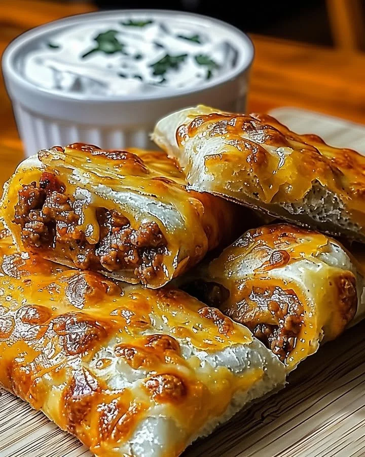 Cheesy taco sticks served on a plate with toppings.