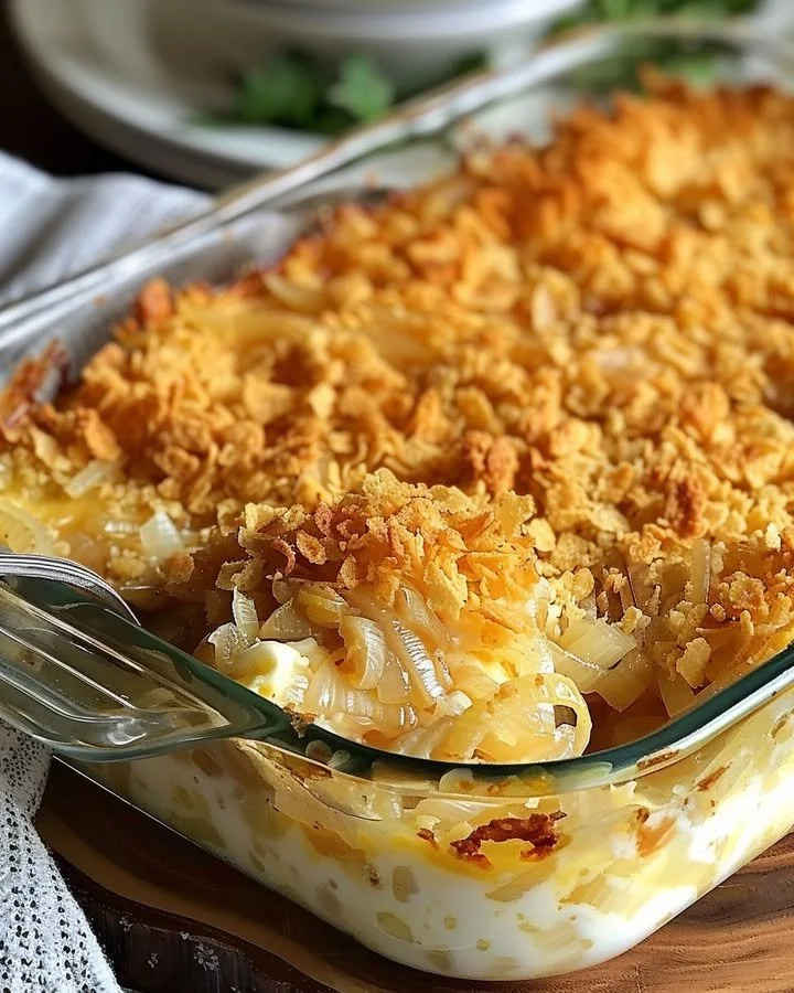 Cheesy Vidalia onion casserole fresh out of the oven