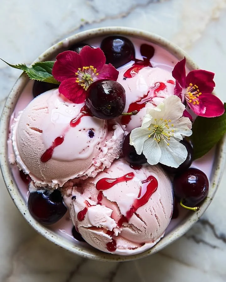 Scoop of Cherry Blossom Ice Cream in a cone with cherry blossoms in the background
