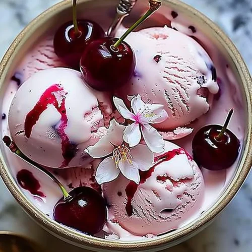 Cherry Blossom Ice Cream served in a decorative bowl with cherry blossoms