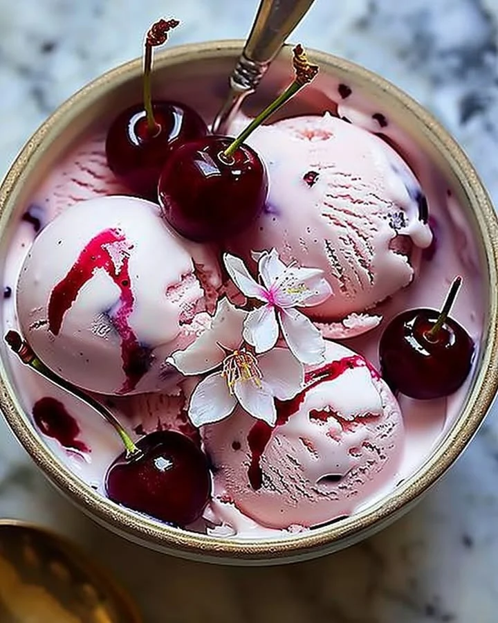 Cherry Blossom Ice Cream served in a decorative bowl with cherry blossoms