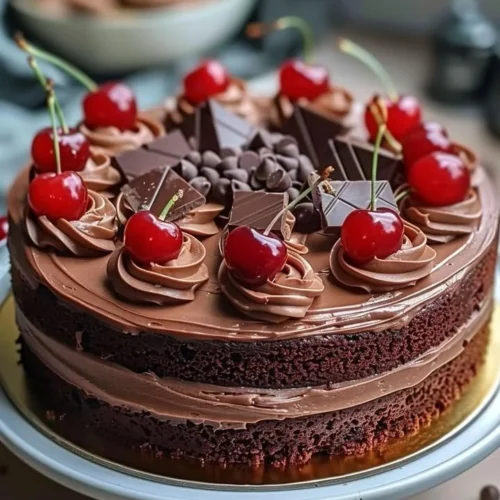 Slice of Cherry-Chocolate Cake topped with fresh cherries and chocolate drizzle