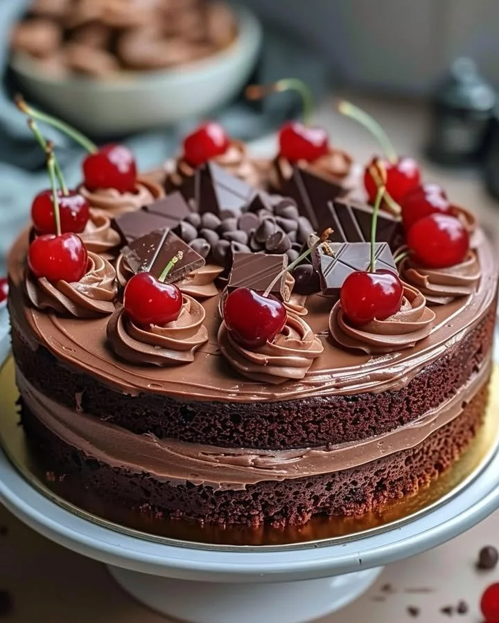 Slice of Cherry-Chocolate Cake topped with fresh cherries and chocolate drizzle
