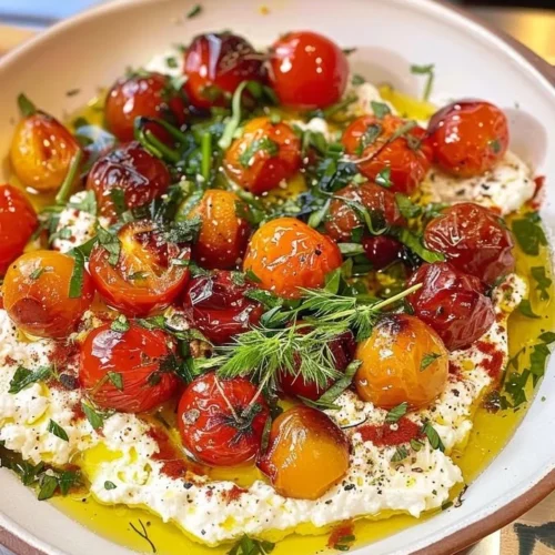 Cherry Tomato Confit served with creamy whipped feta on a plate