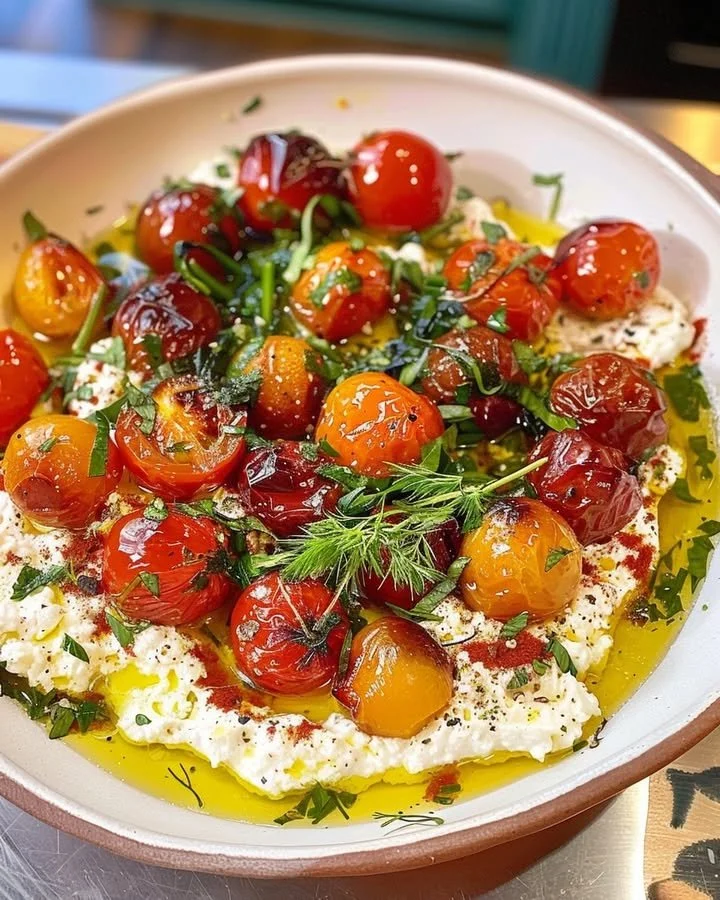 Cherry Tomato Confit served with creamy whipped feta on a plate