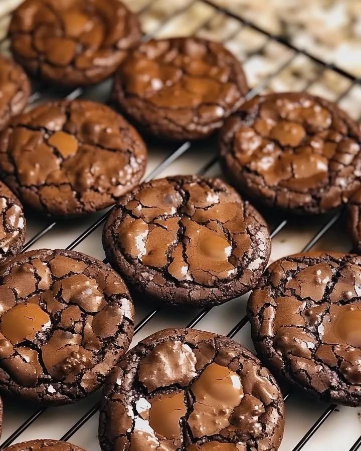 Batch of chewy fudgy chocolate cookies on a plate, ready to enjoy.