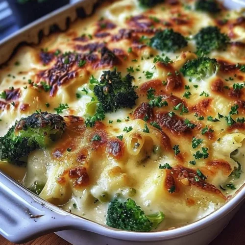 Baked Chicken and Broccoli Alfredo dish topped with cheese