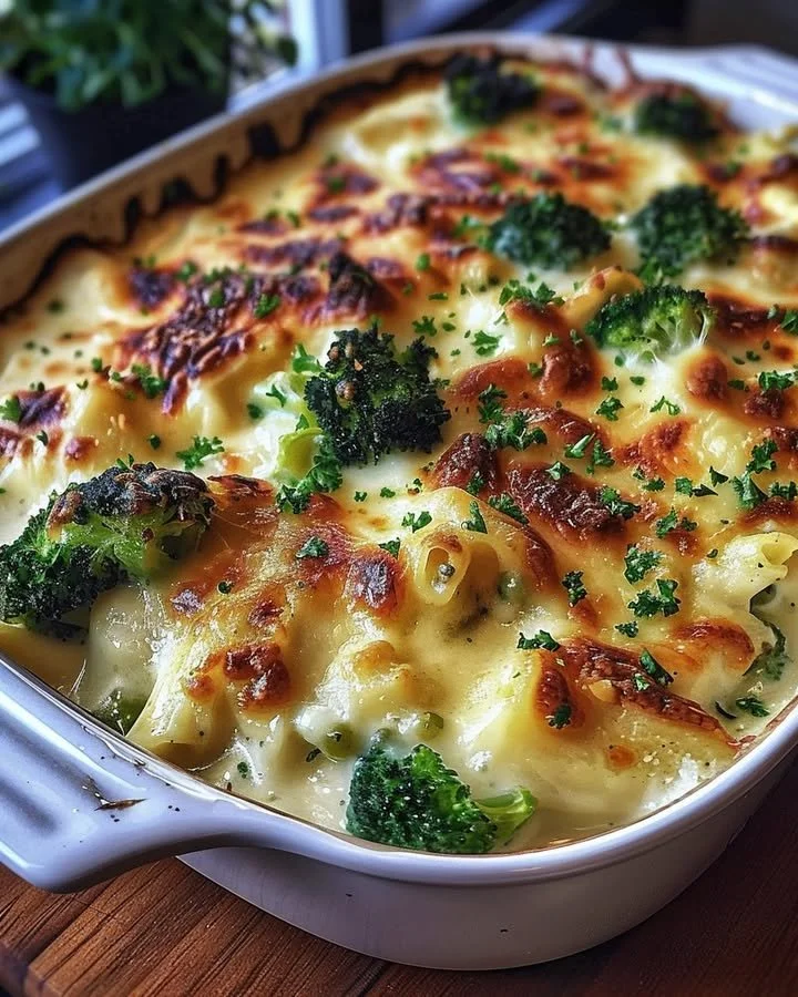 Baked Chicken and Broccoli Alfredo dish topped with cheese