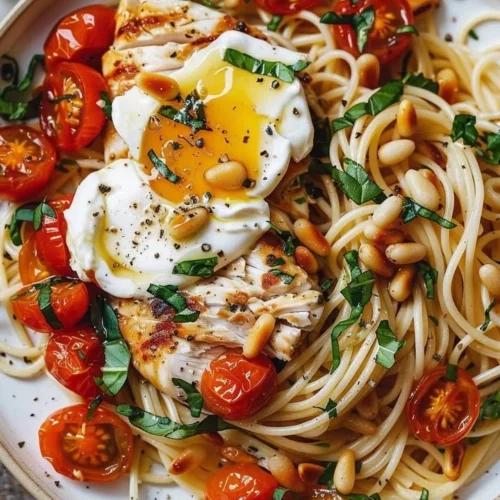 Delicious Chicken Pasta with Roasted Tomatoes served in a bowl