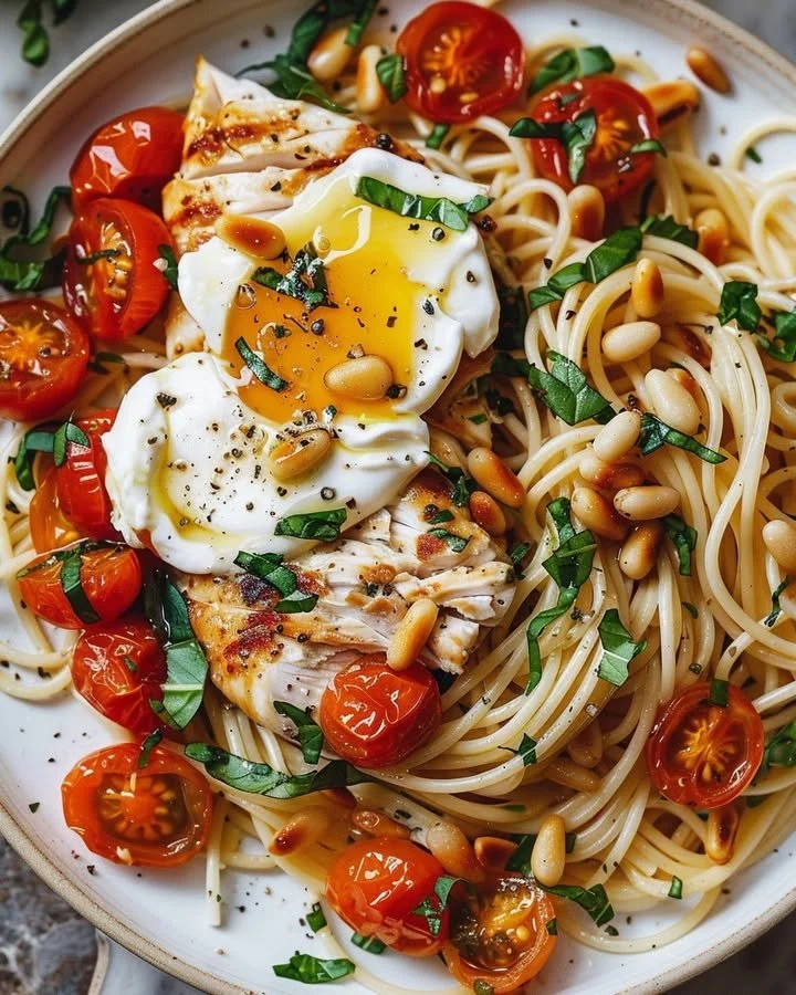 Delicious Chicken Pasta with Roasted Tomatoes served in a bowl