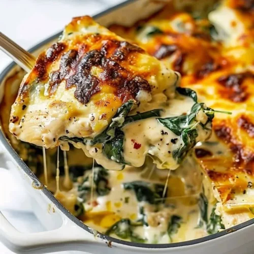 Delicious Chicken Spinach Casserole with Cream Cheese topped with herbs