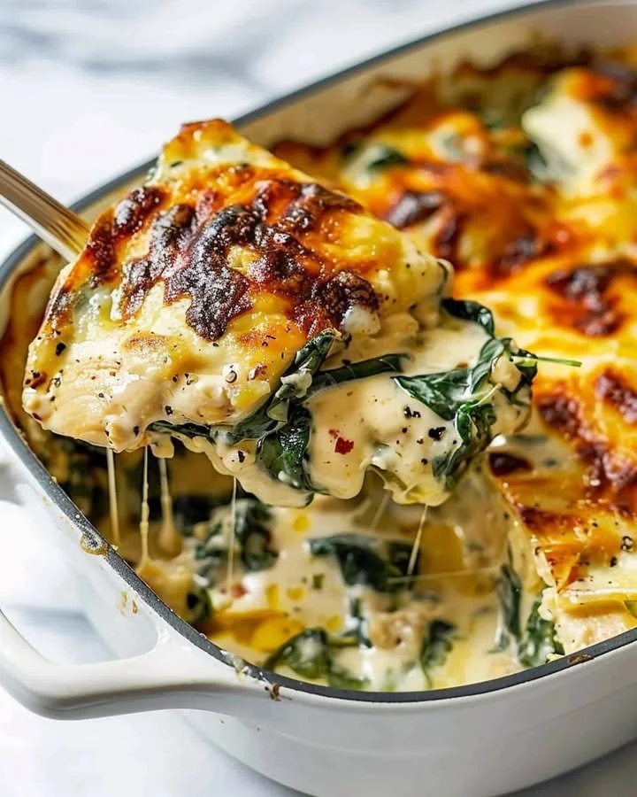 Delicious Chicken Spinach Casserole with Cream Cheese topped with herbs