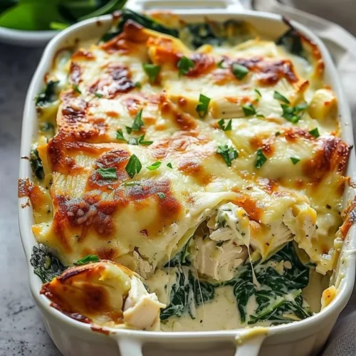 Delicious Chicken Spinach Casserole with Cream Cheese baked and golden brown
