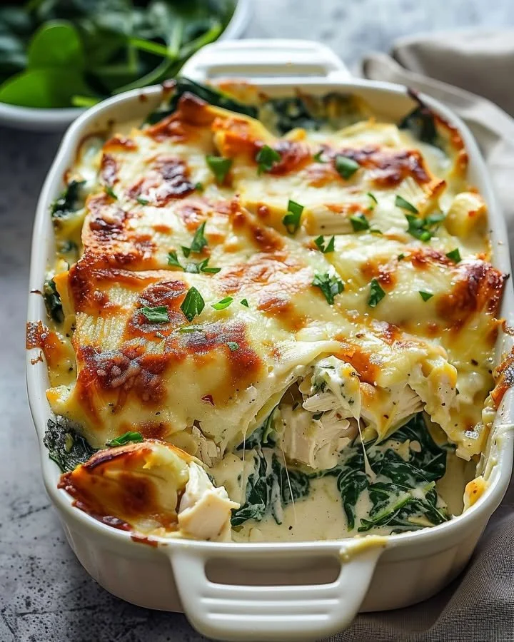 Delicious Chicken Spinach Casserole with Cream Cheese baked and golden brown