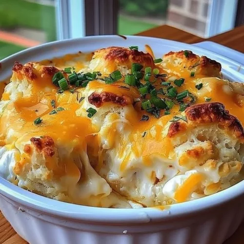Baked Chicken Biscuit Casserole with golden biscuits and creamy chicken filling