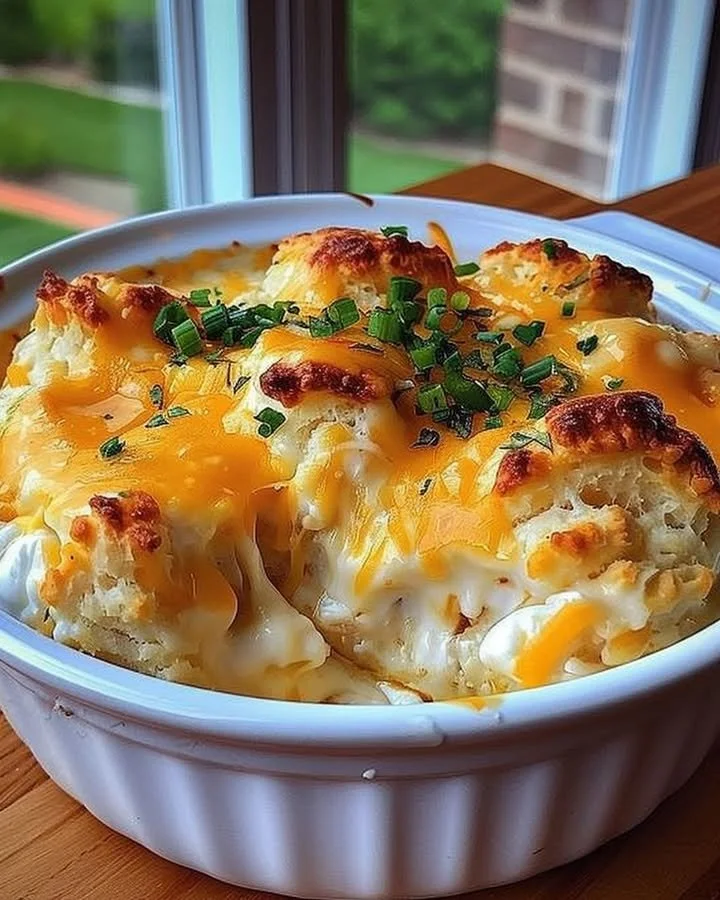Baked Chicken Biscuit Casserole with golden biscuits and creamy chicken filling