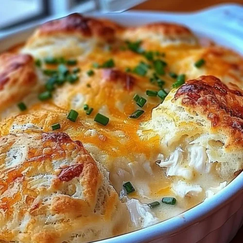 Delicious Chicken Biscuit Casserole baked to golden perfection