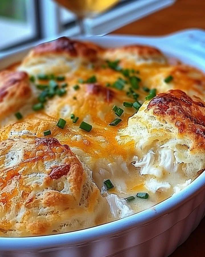 Delicious Chicken Biscuit Casserole baked to golden perfection