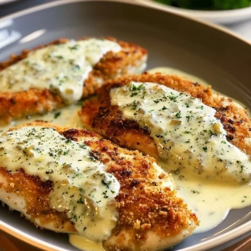 Chicken in basil cream sauce served on a plate with fresh basil leaves.