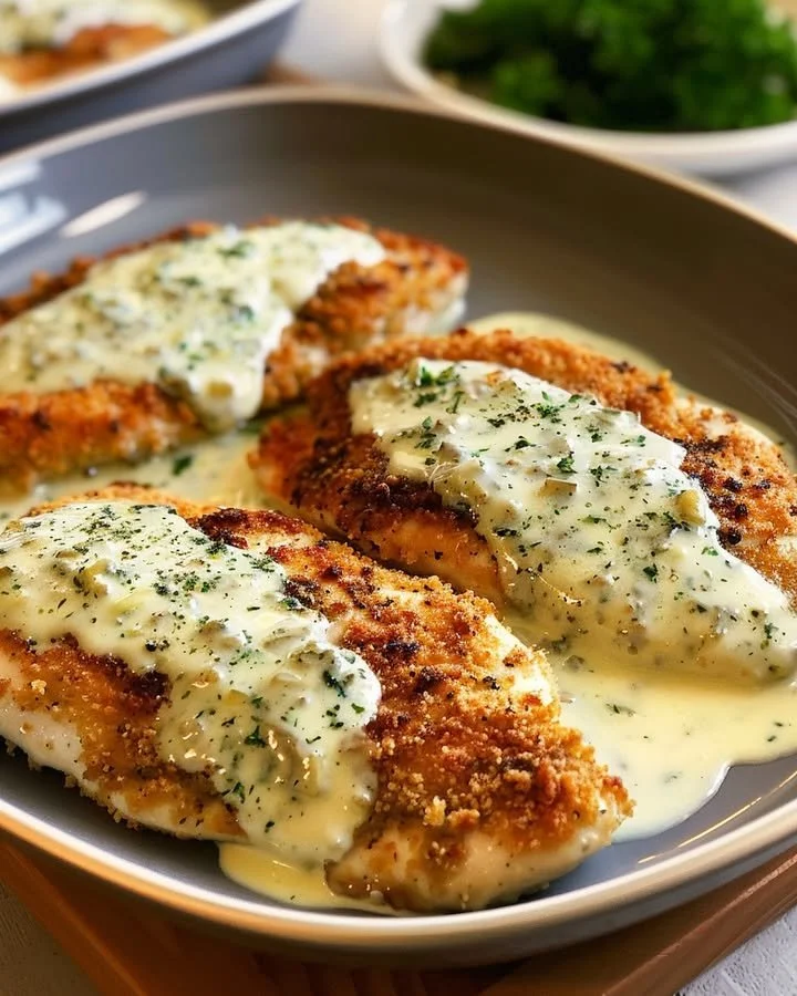Chicken in basil cream sauce served on a plate with fresh basil leaves.