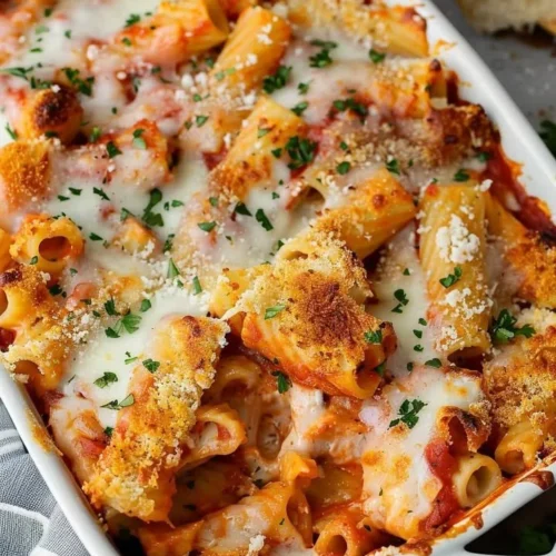 Baked Chicken Parmesan Rigatoni topped with cheese and fresh basil.