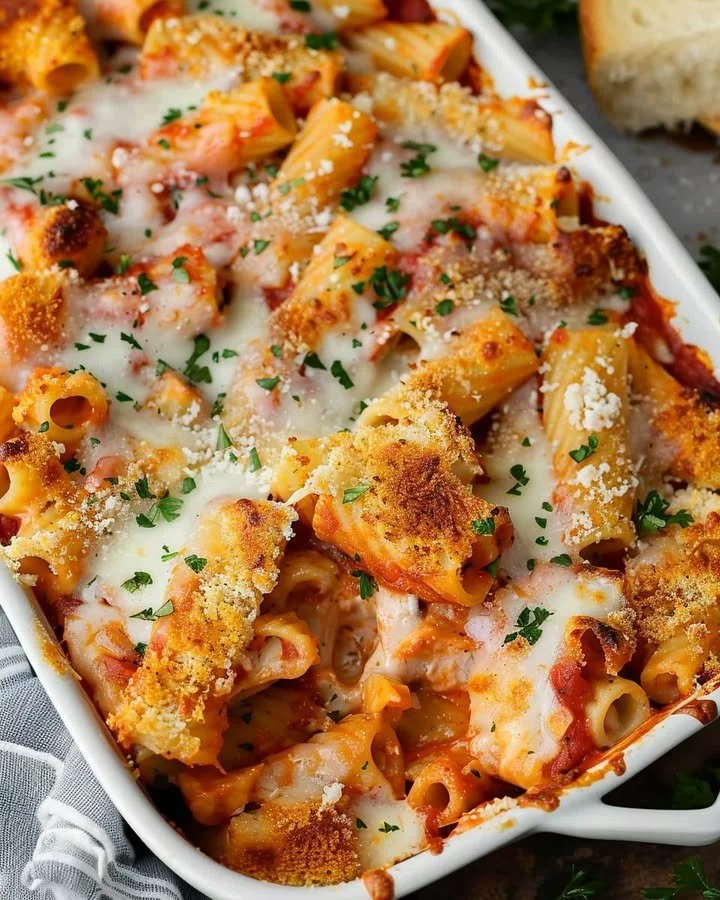 Baked Chicken Parmesan Rigatoni topped with cheese and fresh basil.