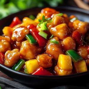Plate of Chinese Sweet and Sour Chicken with colorful vegetables and sauce