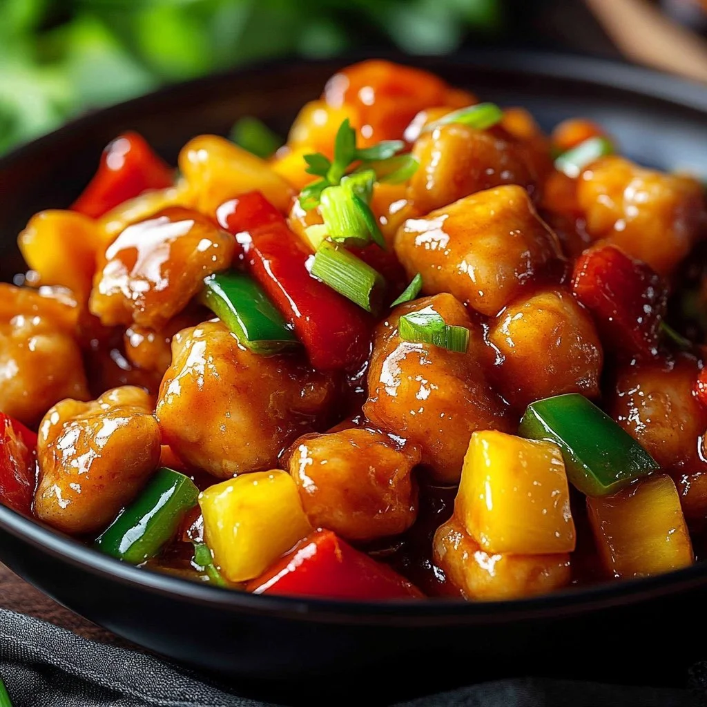 Plate of Chinese Sweet and Sour Chicken with colorful vegetables and sauce