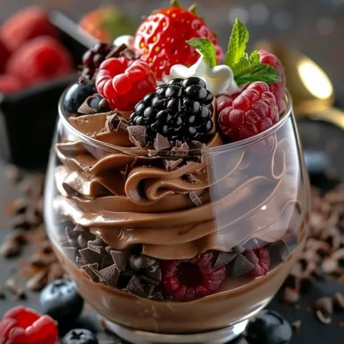 Delicious Chocolate Berry Parfait layered with chocolate and berries.