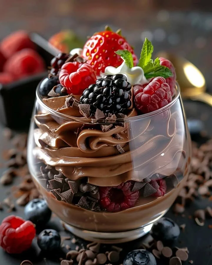 Delicious Chocolate Berry Parfait layered with chocolate and berries.