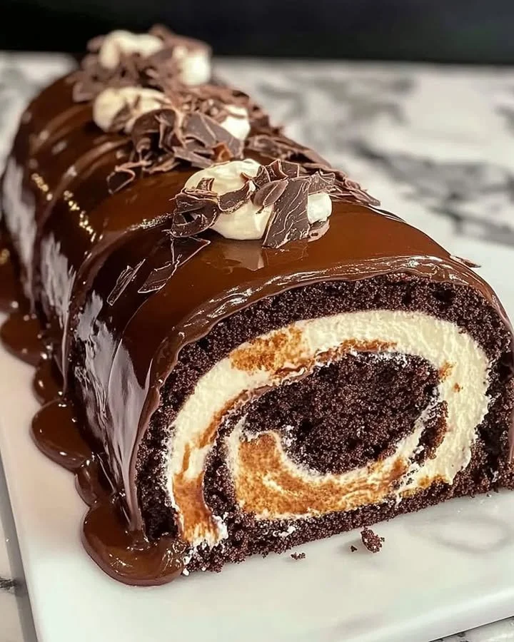 Delicious Chocolate Cake Roll topped with creamy frosting and garnished with chocolate shavings
