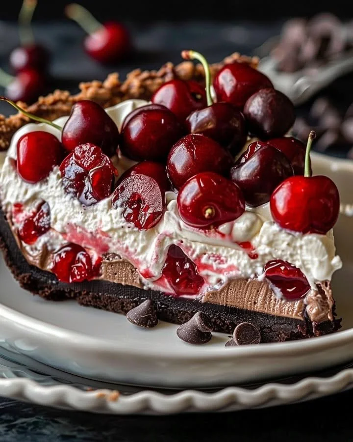 Delicious Chocolate Cherry Cream Pie with whipped cream topping and cherries