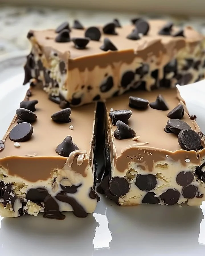Chocolate chip cookie dough ice cream bars topped with chocolate flakes