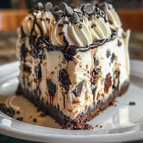 Chocolate chip cookie dough ice cream cake with layers of creamy goodness