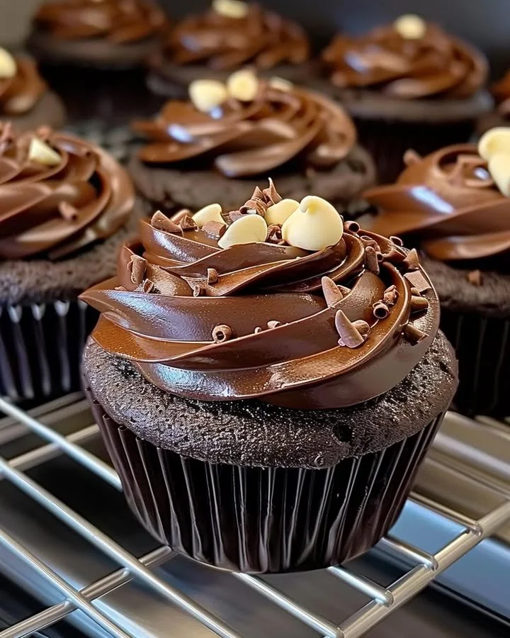 Delicious homemade Chocolate Fudge Cupcakes topped with chocolate frosting