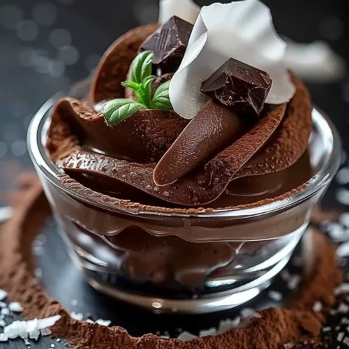Delicious homemade chocolate mousse in a elegant dessert glass
