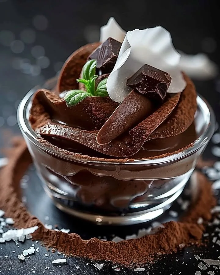 Delicious homemade chocolate mousse in a elegant dessert glass