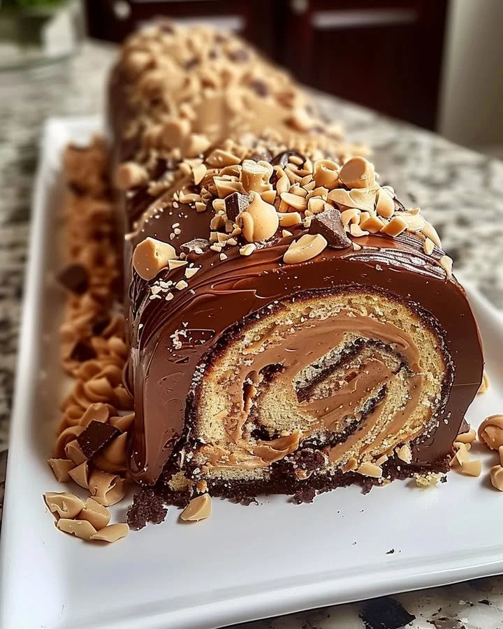 Chocolate Peanut Butter Cake Roulade with creamy frosting and chocolate drizzle