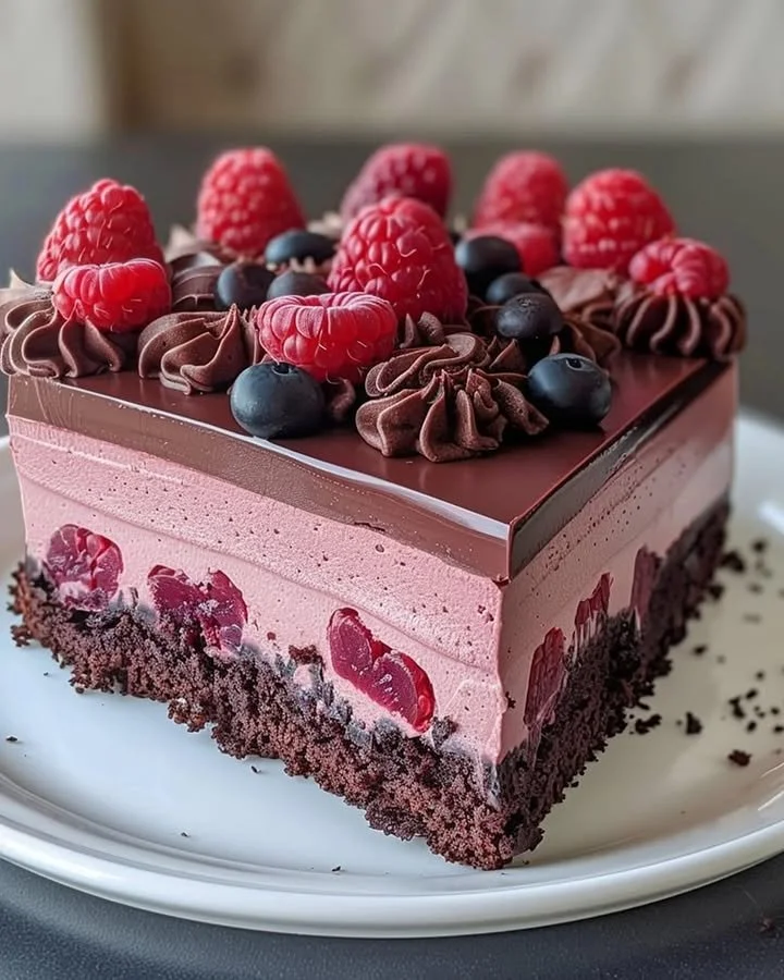Slice of rich Chocolate Raspberry Mousse Cake with fresh raspberries on top