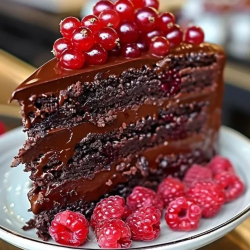 Chocolate Raspberry Truffle Cake with rich chocolate layers and fresh raspberries