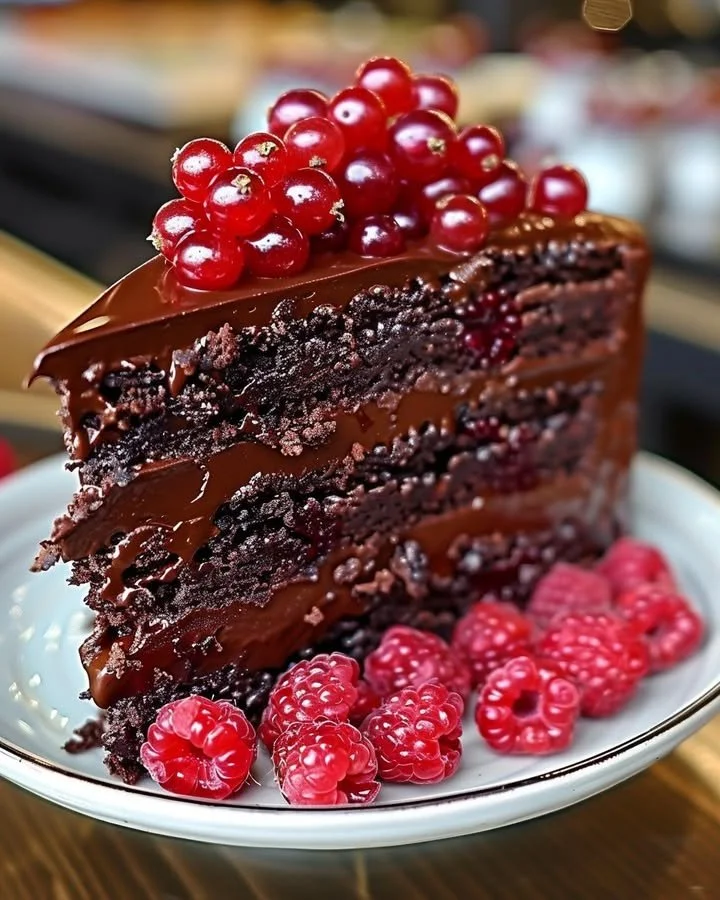 Chocolate Raspberry Truffle Cake with rich chocolate layers and fresh raspberries