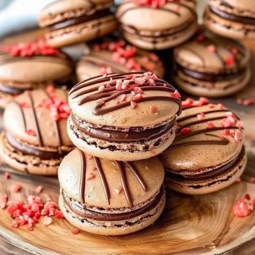 Chocolate strawberry macarons displayed on a plate